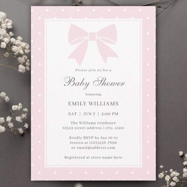 Classic Polka Dots Baby Pink Bow Girl Baby Shower Invitation (Creator Uploaded)