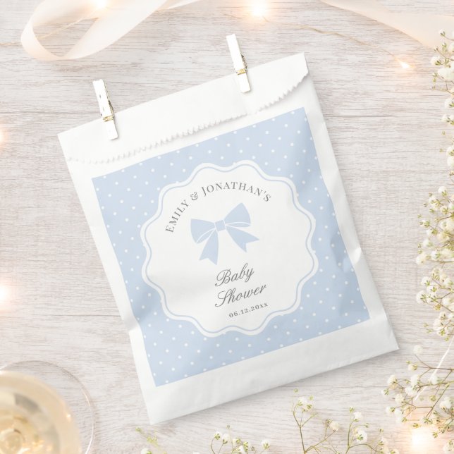 Classic Polka Dots Dusty Blue Bow Boy Baby Shower Favour Bags (Clipped)