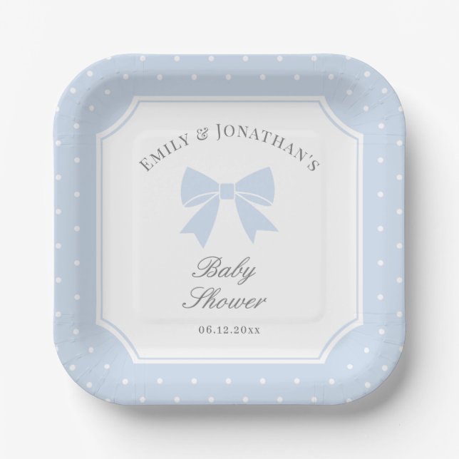 Classic Polka Dots Dusty Blue Bow Boy Baby Shower Paper Plate (Front)