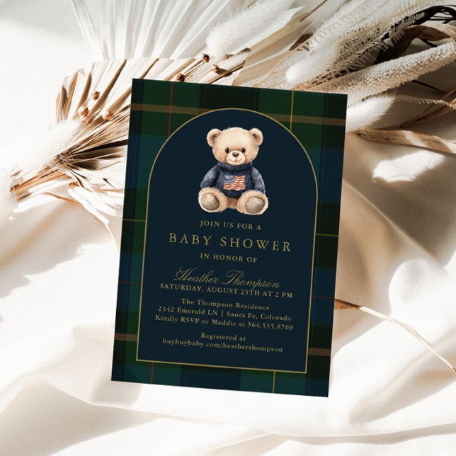 Classic Polo Bear Green Plaid Baby Shower Invitation (Creator Uploaded)