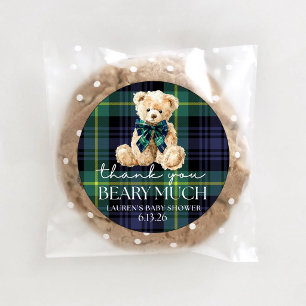 Classic Polo Teddy Bear Plaid Baby Shower Round Sticker