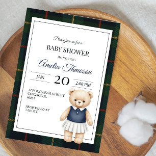 Classic Polo Teddy Bear Preppy Plaid Baby Shower Invitation
