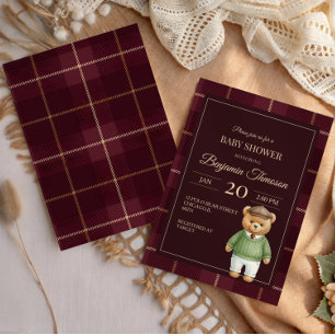 Classic Polo Teddy Bear Preppy Plaid Baby Shower Invitation