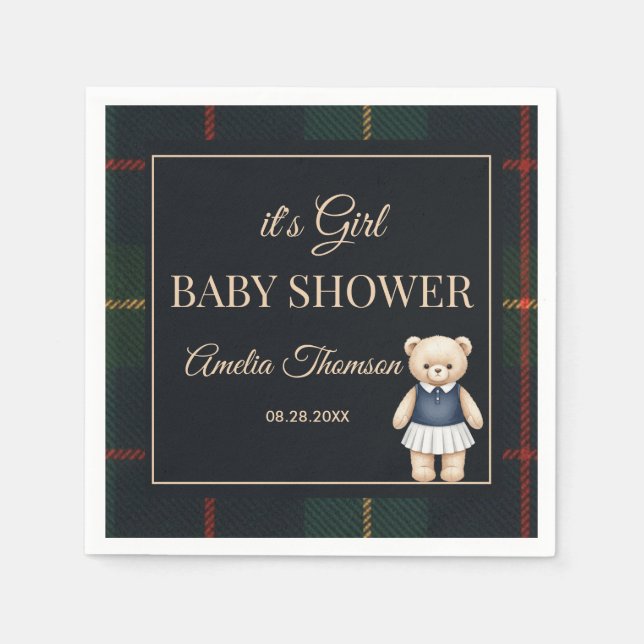 Classic Polo Teddy Bear Preppy Plaid Baby Shower  Napkin (Front)