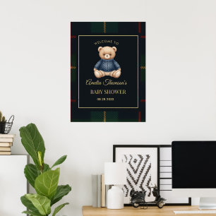 Classic Polo Teddy Bear Preppy Plaid Baby Shower Poster