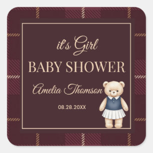 Classic Polo Teddy Bear Preppy Plaid Baby Shower Square Sticker