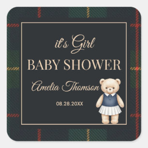Classic Polo Teddy Bear Preppy Plaid Baby Shower Square Sticker