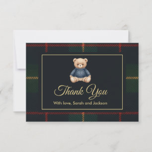 Classic Polo Teddy Bear Preppy Plaid Baby Shower Thank You Card