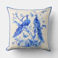 Classic Porcelain Blue Peacocks Cream Background