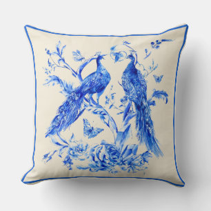 Classic Porcelain Blue Peacocks Cream Background Cushion