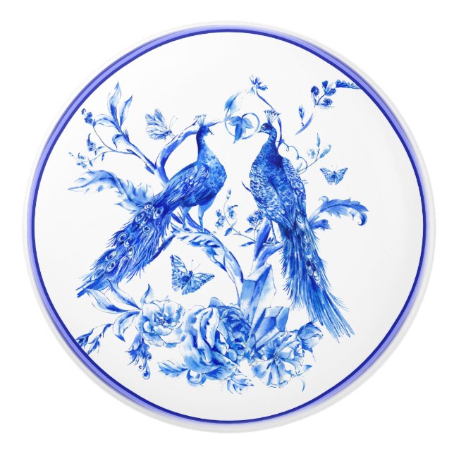 Classic Porcelain Blue Peacocks White Background Ceramic Knob (Front)