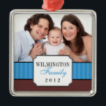 Classic portrait blue stripe band Christmas photo Metal Tree Decoration<br><div class="desc">Mark your favourite family moment with this easy to customise holiday ornament. Design features your portrait with a classically notched corners frame bearing your family name. and year. Deck the halls with some personality! Preserve your life moments with these quality holiday ornaments so your family may cherish them every year....</div>