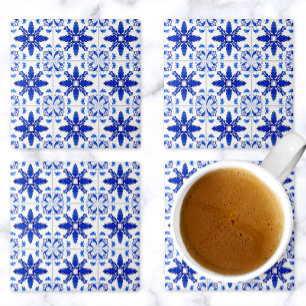 Classic Portuguese Tile Pattern Blue White Stone Coaster