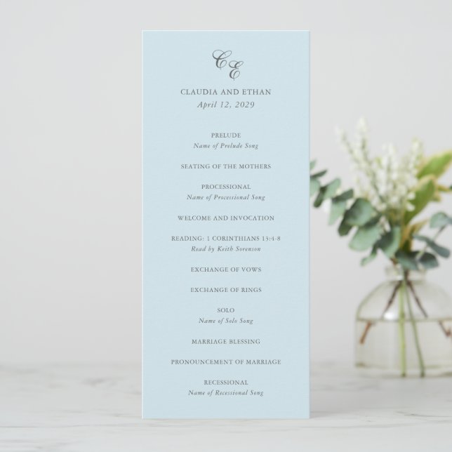 Classic Powder Blue Monogram Elegant Wedding Programme (Standing Front)