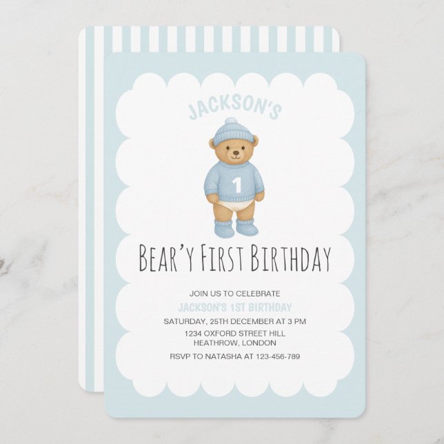 Classic Preppy Bear Blue Boy Birthday Invitation (Front/Back)
