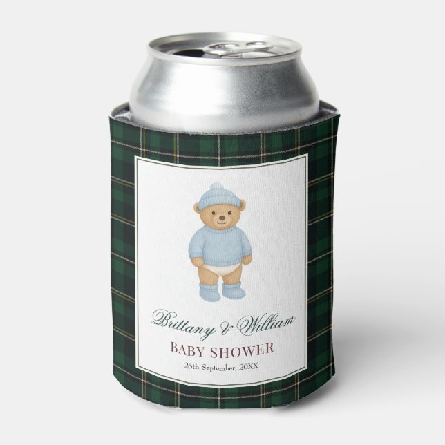 Classic Preppy Bear Designer Plaid Baby Shower Can Cooler (Can Front)