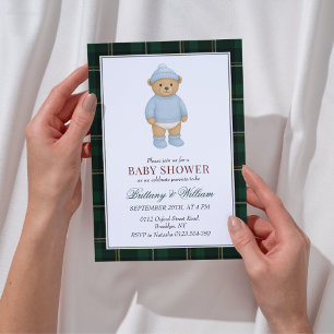 Classic Preppy Bear Designer Plaid Baby Shower Invitation