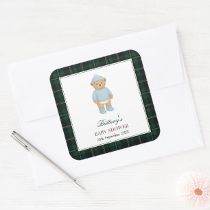 Classic Preppy Bear Designer Plaid Baby Shower Square Sticker