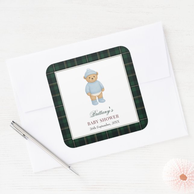 Classic Preppy Bear Designer Plaid Baby Shower Square Sticker (Envelope)