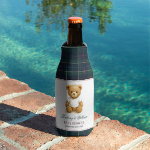 Classic Preppy Bear Green Plaid Baby Shower  Bottle Cooler