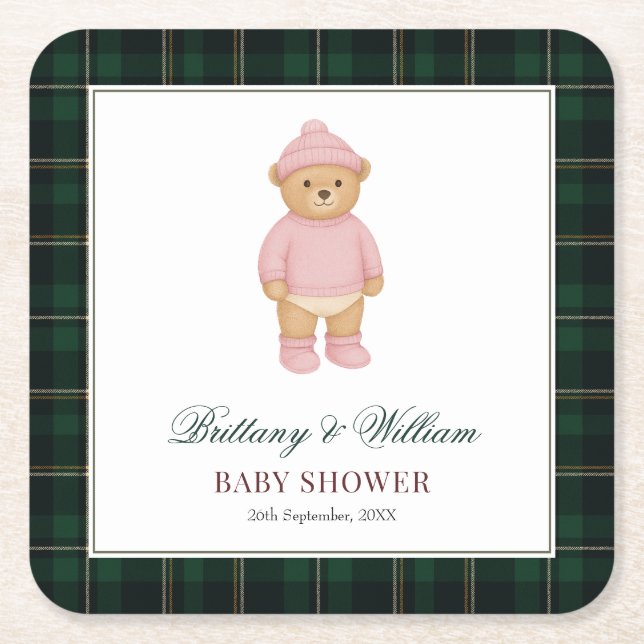 Classic Preppy Bear Green Tartan Plaid Baby Shower Square Paper Coaster (Front)