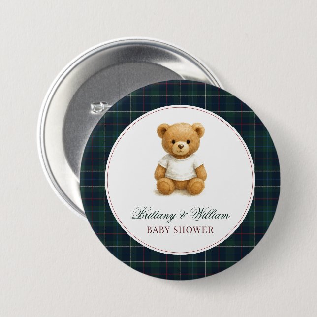 Classic Preppy Bear Plaid Baby Shower  7.5 Cm Round Badge (Front & Back)