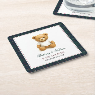 Classic Preppy Bear Plaid Baby Shower Square Paper Coaster
