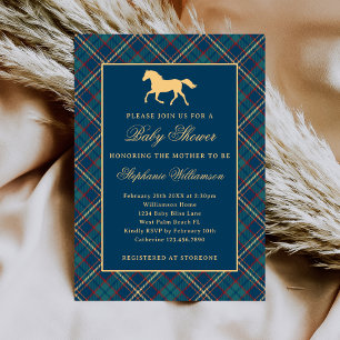 Classic Preppy Plaid Blue Equestrian Baby Shower Invitation