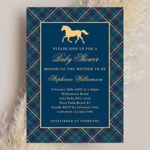 Classic Preppy Plaid Blue Equestrian Baby Shower Invitation