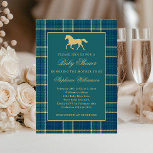 Classic Preppy Plaid Green Equestrian Baby Shower Invitation