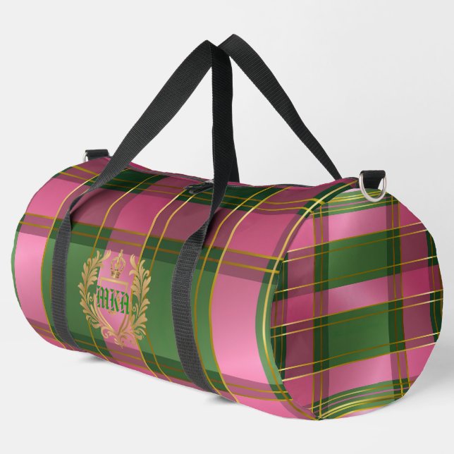 Classic Preppy Plaid Pink Green Monogrammed  Duffle Bag (Left Corner)