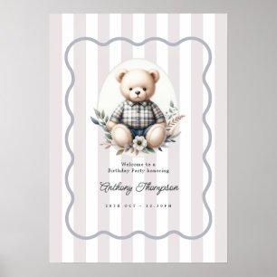 Classic Preppy Teddy Bear Birthday Welcome Sign