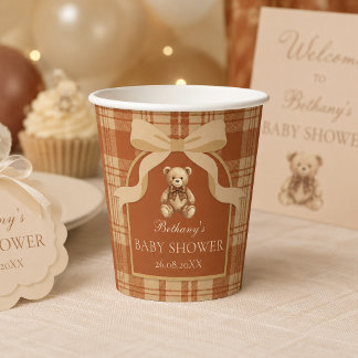 Classic Preppy Teddy Bear Burnt Orange Plaid Paper Cups
