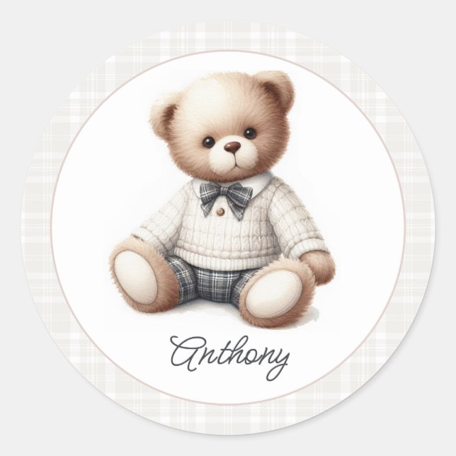 Classic Preppy Teddy Bear Personalised Birthday Round Sticker (Front)