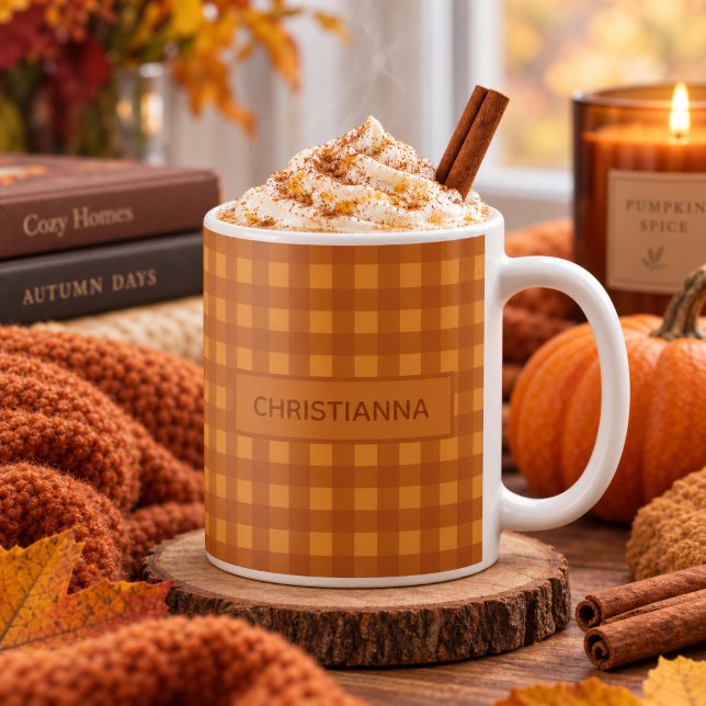 Classic Pumpkin Fall Autumn Gingham Plaid Check Coffee Mug (Creator Uploaded)