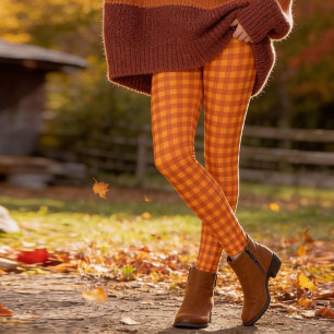 Classic Pumpkin Fall Autumn Gingham Plaid Check Leggings