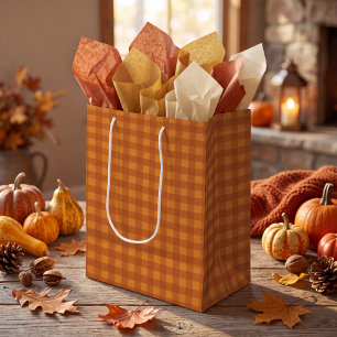 Classic Pumpkin Fall Autumn Gingham Plaid Check Medium Gift Bag