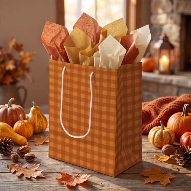 Classic Pumpkin Fall Autumn Gingham Plaid Check Medium Gift Bag (Creator Uploaded)