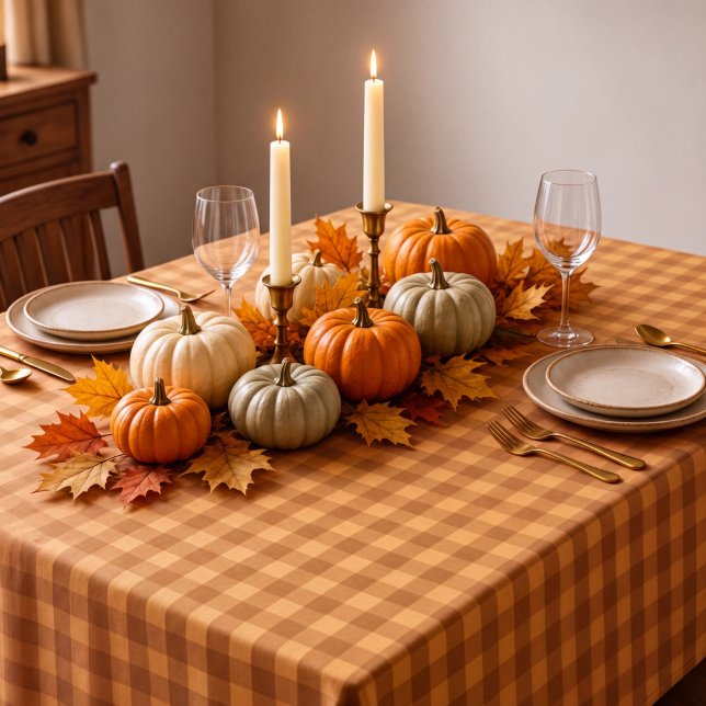 Classic Pumpkin Fall Autumn Gingham Plaid Check Tablecloth (Creator Uploaded)