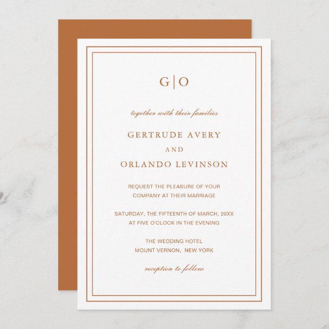 Classic Pumpkin Orange Elegant Wedding Invitation (Front/Back)
