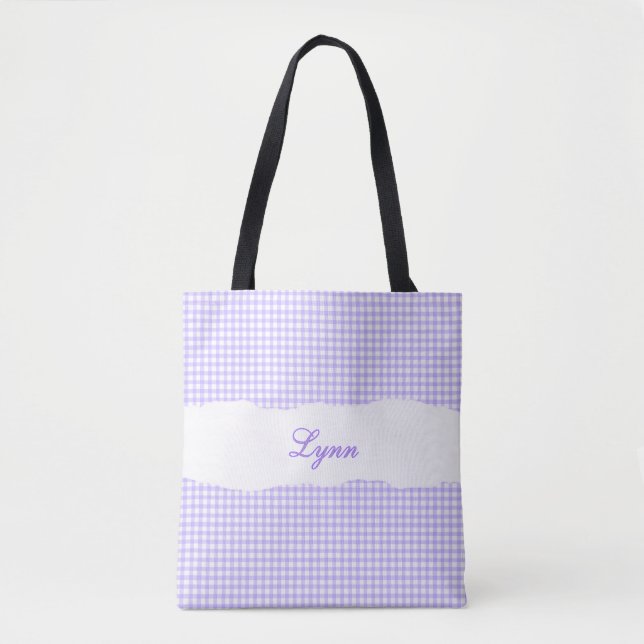 Classic Purple & White Gingham | Personalized Name Tote Bag (Front)