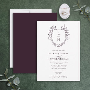 Classic Purple Wildflower Monogram Crest Wedding Invitation
