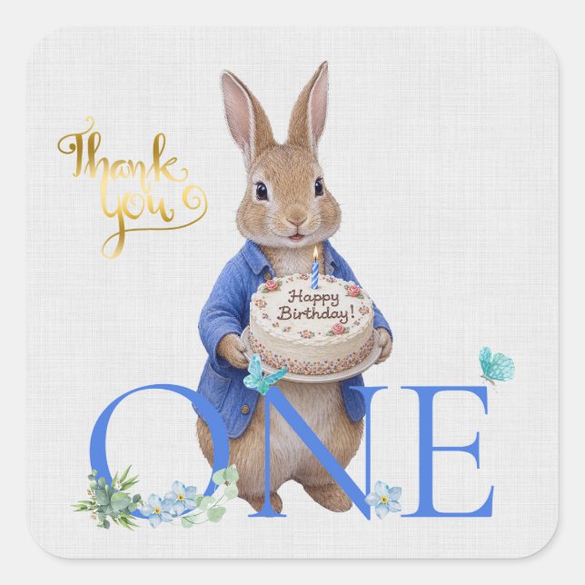 Classic Rabbit Birthday Cake Thank you Square Sticker (Front)