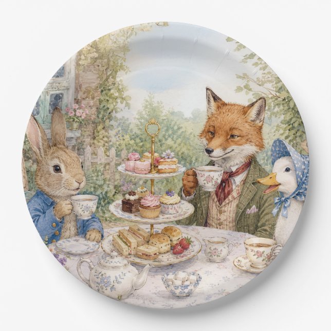 Classic Rabbit Duck Fox Afternoon Tea Time Paper Plate (Front)