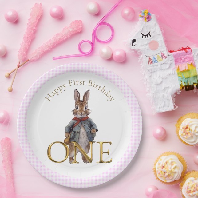 Classic Rabbit First Birthday Pink Check Pattern Paper Plate (Party)