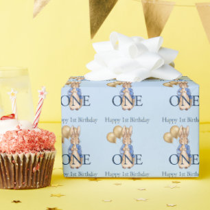 Classic Rabbit Gold Balloons First Birthday Wrapping Paper