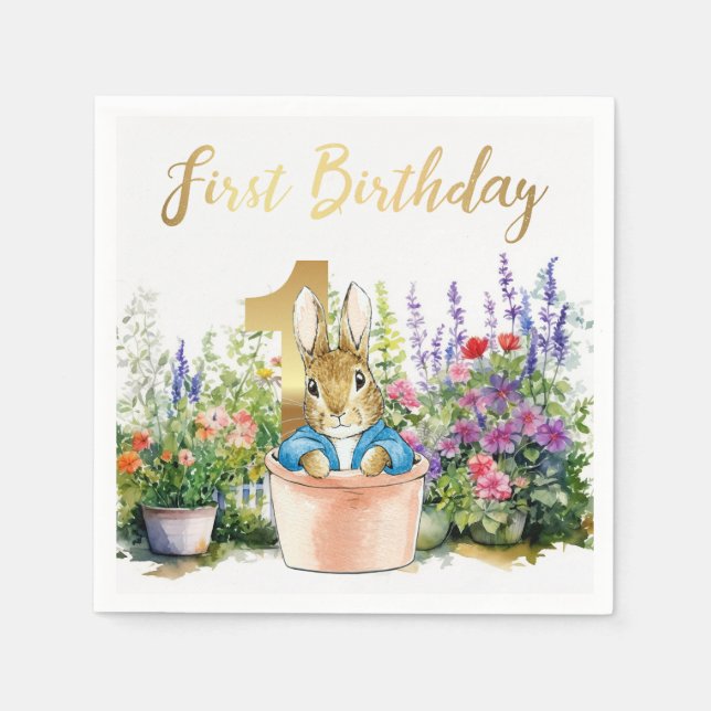Classic rabbit in a pot first birthday napkin (Front)