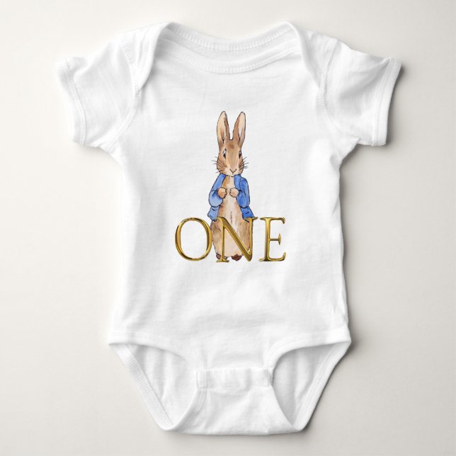Classic Rabbit in blue jacket First Birthday Baby Bodysuit (Front)