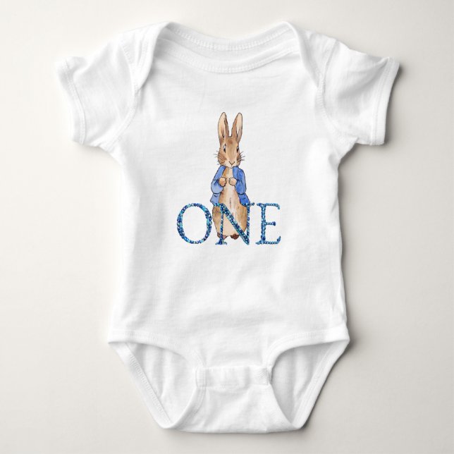 Classic Rabbit in blue jacket First Birthday Baby Bodysuit (Front)