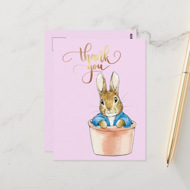 Classic Rabbit Plant Pot Thank you Postcard (Front/Back In Situ)